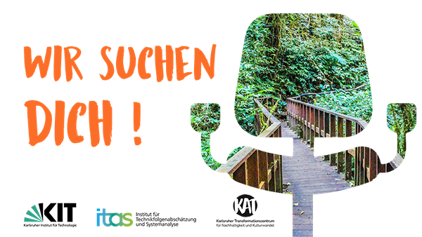 Waldweg, Text daneben: „Wir suchen dich!“ in oranger Schrift.