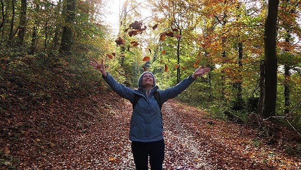 Person in a blue jacket tossing autumn leaves up in a forest.