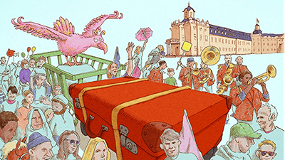 Plakat zur Station-Zukunft mit einer Zeichnung mit rotem Koffer, einem Vogel und einer Musikgruppe.