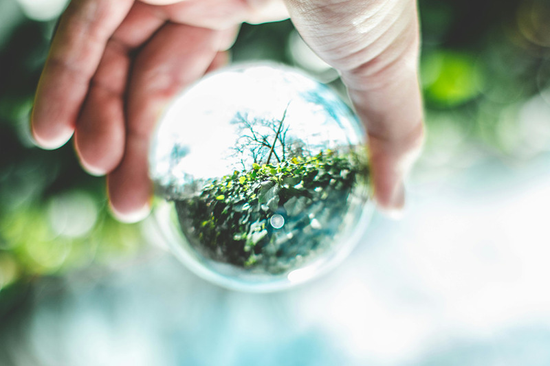 Hand hält eine Glaskugel, die Gartenpflanzen und Himmel reflektiert.