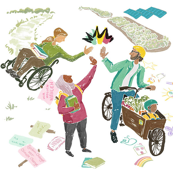 Bunte Zeichnung: Mehrere Personen klatschen ein.