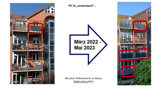 Vergleich PV-Balkonmodule an Wohnhaus von März 2022 bis Mai 2023, steigende Anzahl.