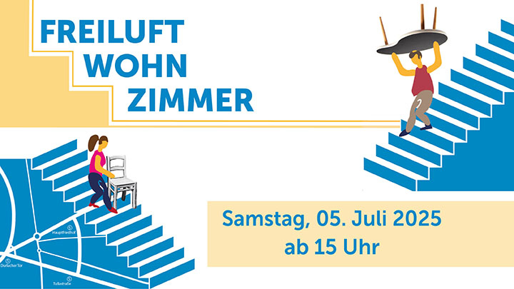 Illustration mit Personen, die Möbel eine Treppe hoch- und runtertragen, Freiluftwohnzimmer-Event.