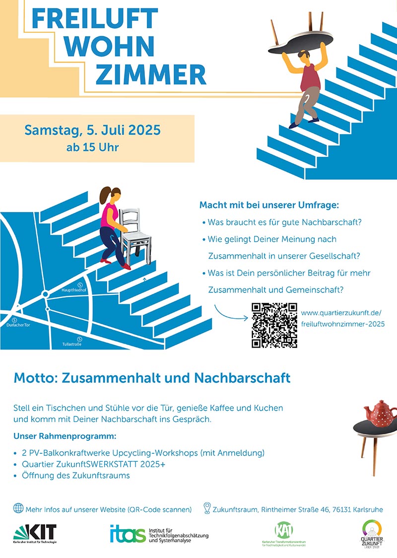 Flyer für das Freiluftwohnzimmer am 5. Juli 2025 mit Workshops und Nachbarschaftsgespräch.