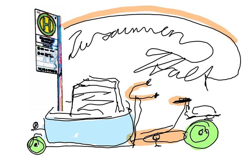 Skizze einer Bushaltestelle mit Fahrrad und dem handschriftlichen Text „Zusammen Halt“.