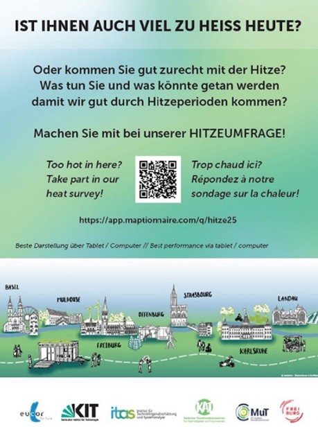 Aufruf zur Teilnahme an einer Hitzeumfrage mit QR-Code und Europakartenillustration.