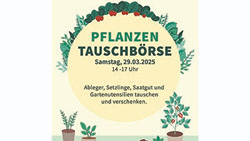 Plakat zur Pflanzentauschbörse im Zukunftsraum am 29.03.2025 mit Pflanzenillustrationen und Veranstaltungsdetails.