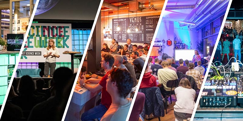 Verschiedene Veranstaltungsorte der KIT Science Week in einer Collage mit Publikum bei Vorträgen und Workshops.