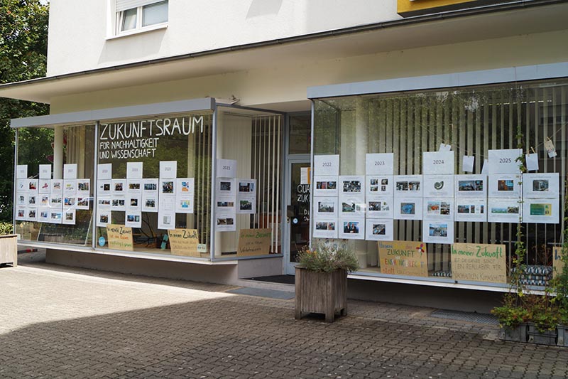 Zukunftsraum von aussen mit Zeitstrahl am Fenster. 