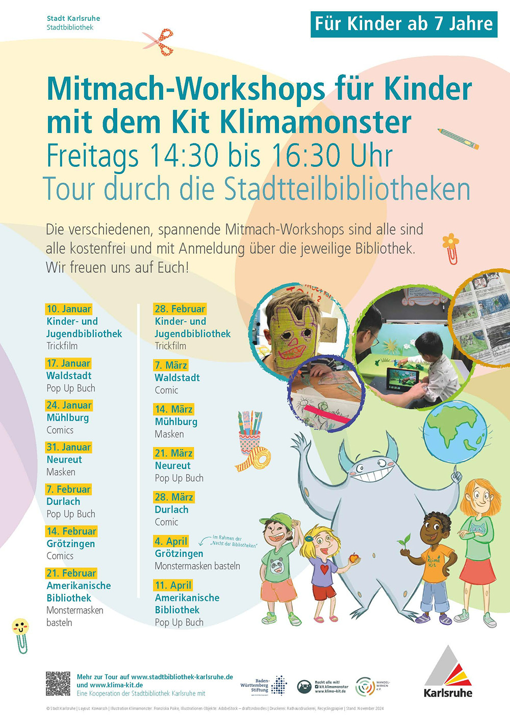 Flyer zu kostenlosen Kinder-Workshops mit dem Kit Klimamonster in Karlsruher Stadtteilbibliotheken.