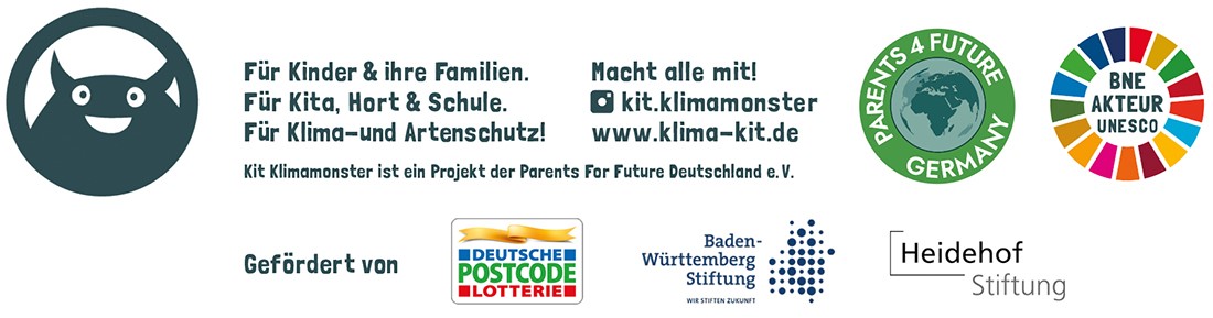 Logo Kit Klimamonster mit Text zu Klima- und Artenschutz sowie Förderlogos und Partnerhinweisen.