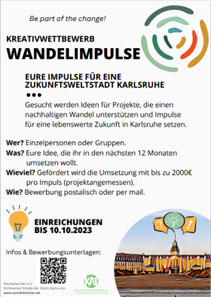 Plakat zum Kreativwettbewerb „Wandelimpulse“ für nachhaltige Projekte in Karlsruhe.