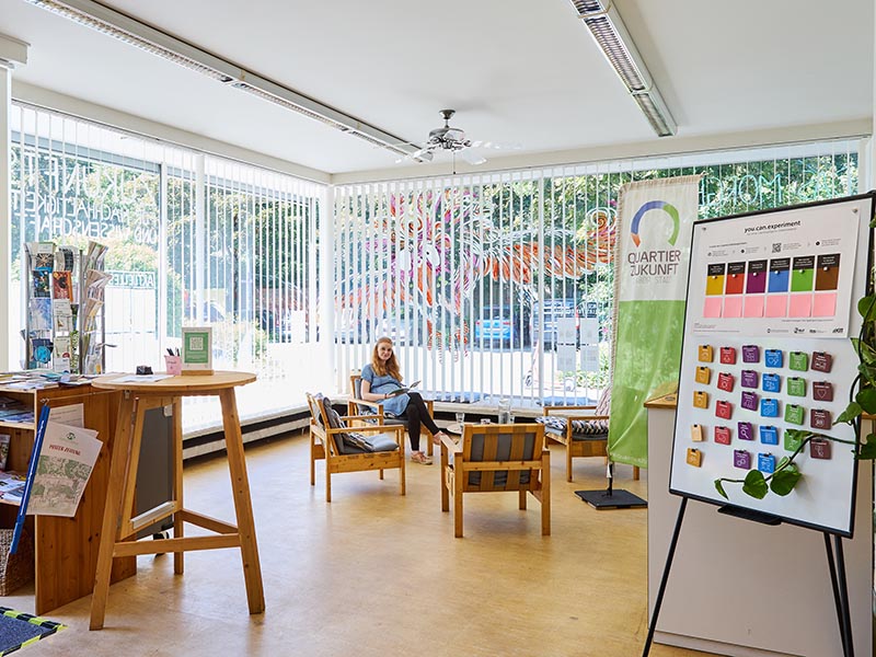 Heller Raum mit Sitzbereich, Flipchart und Banner „Quartier Zukunft“, Person am Lesen.