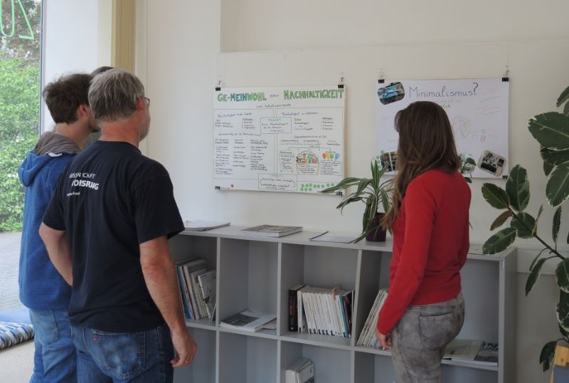 Ein Poster zum Thema Selbstexperimente wird betrachtet.