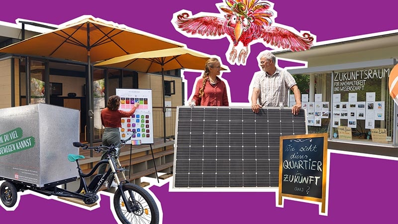 Die Collage zeigt das MobiLab, ein Lastenrad und zwei Personen mit PV-Balkonmodul.