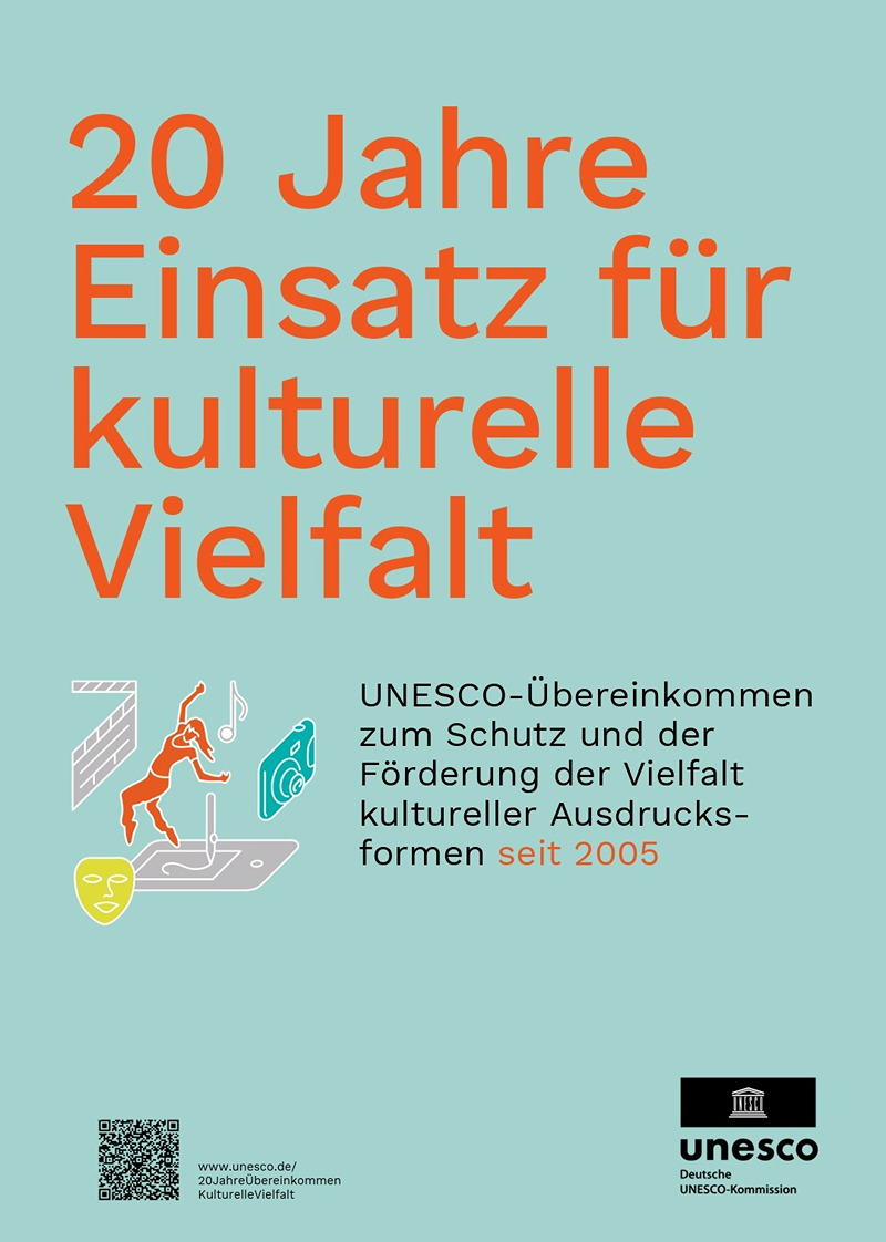 Plakat mit Text „20 Jahre Einsatz f&uuml;r kulturelle Vielfalt“ auf hellblauem Hintergrund; UNESCO-Logo unten rechts.