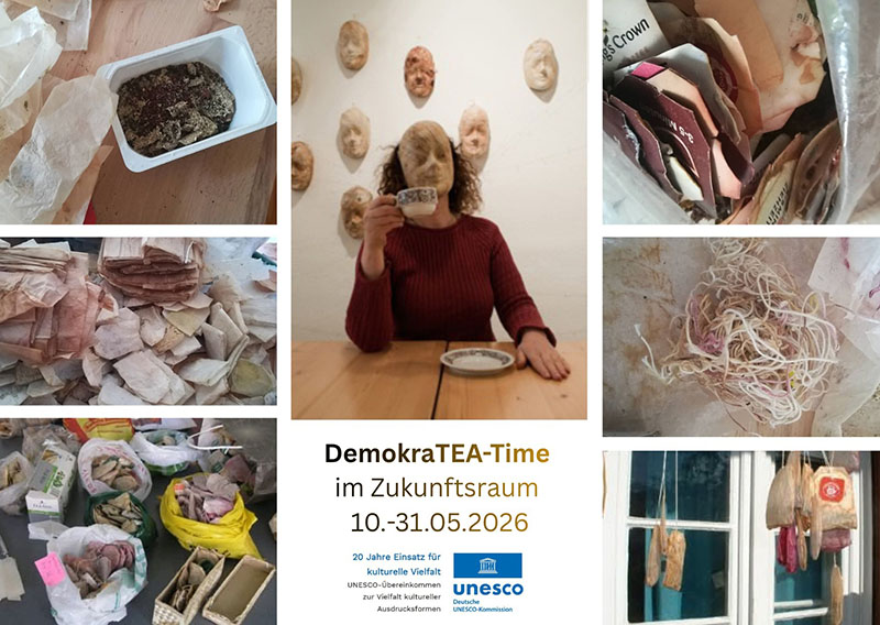 Collage aus verschiedenen Bildern zur Kunst-Ausstellung DemokraTEA-Time im Zukunftsraum.