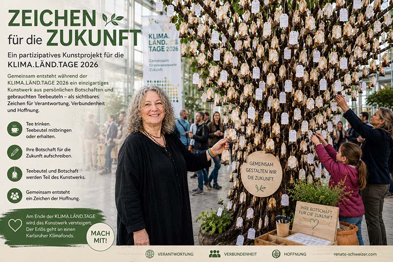 Poster zur Ankündigung der Kunstinstallation "Zeichen für die Zukunft" während der KLIMA LÄND TAGE 2026 im Zukunftsraum.