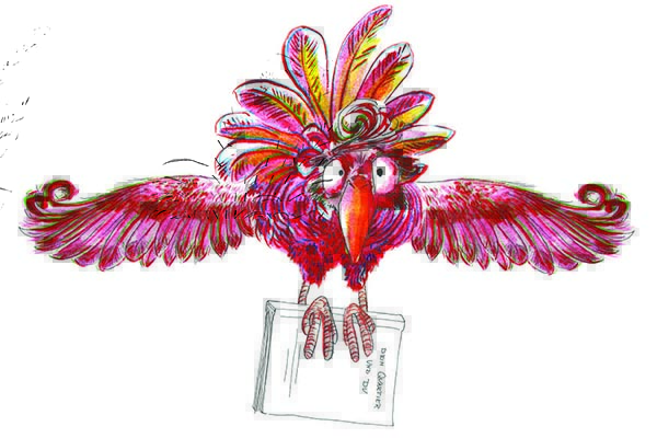 Zeichnung von einem roten Vogel der fliegt und ein Buch an den Füßen hält.