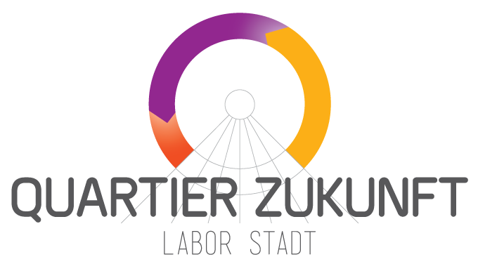 Logo von „Quartier Zukunft – Labor Stadt“ mit buntem Halbkreis als grafischem Element.