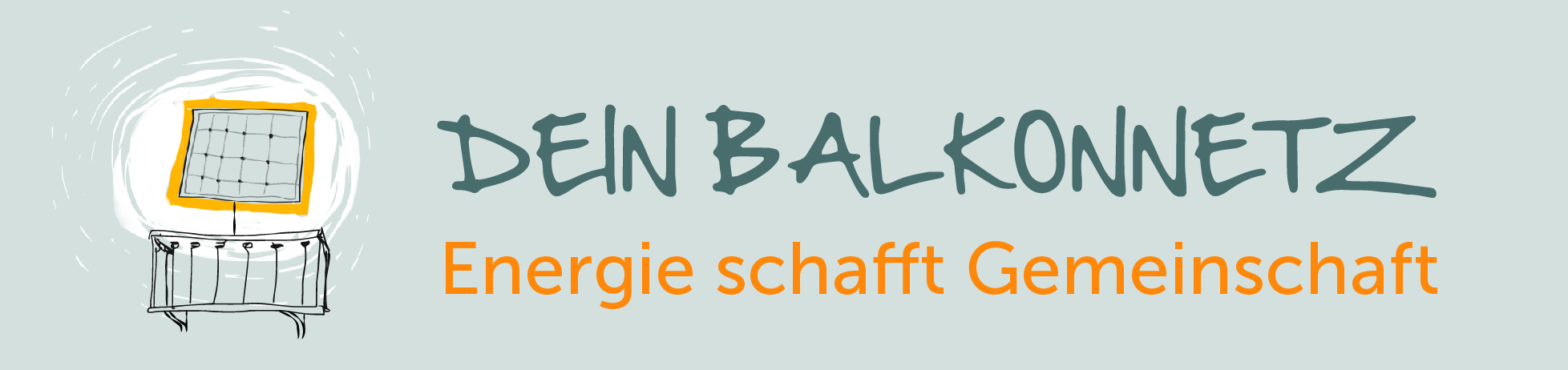 Illustration eines Balkons mit Solarpanel und der Schriftzug „DEIN BALKONNETZ Energie schafft Gemeinschaft“.