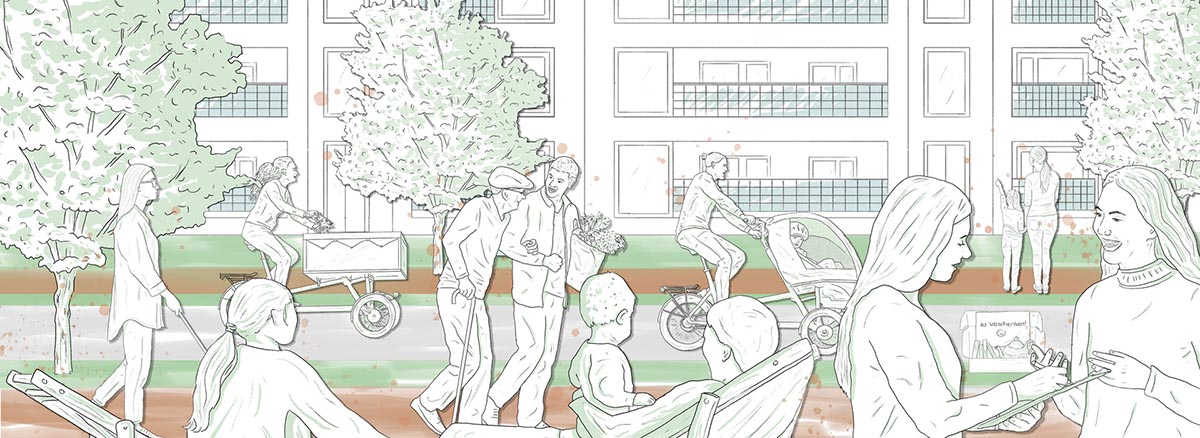 Illustration von Menschen unterschiedlichen Alters im urbanen Park vor Wohngeb&auml;uden bei Tageslicht.